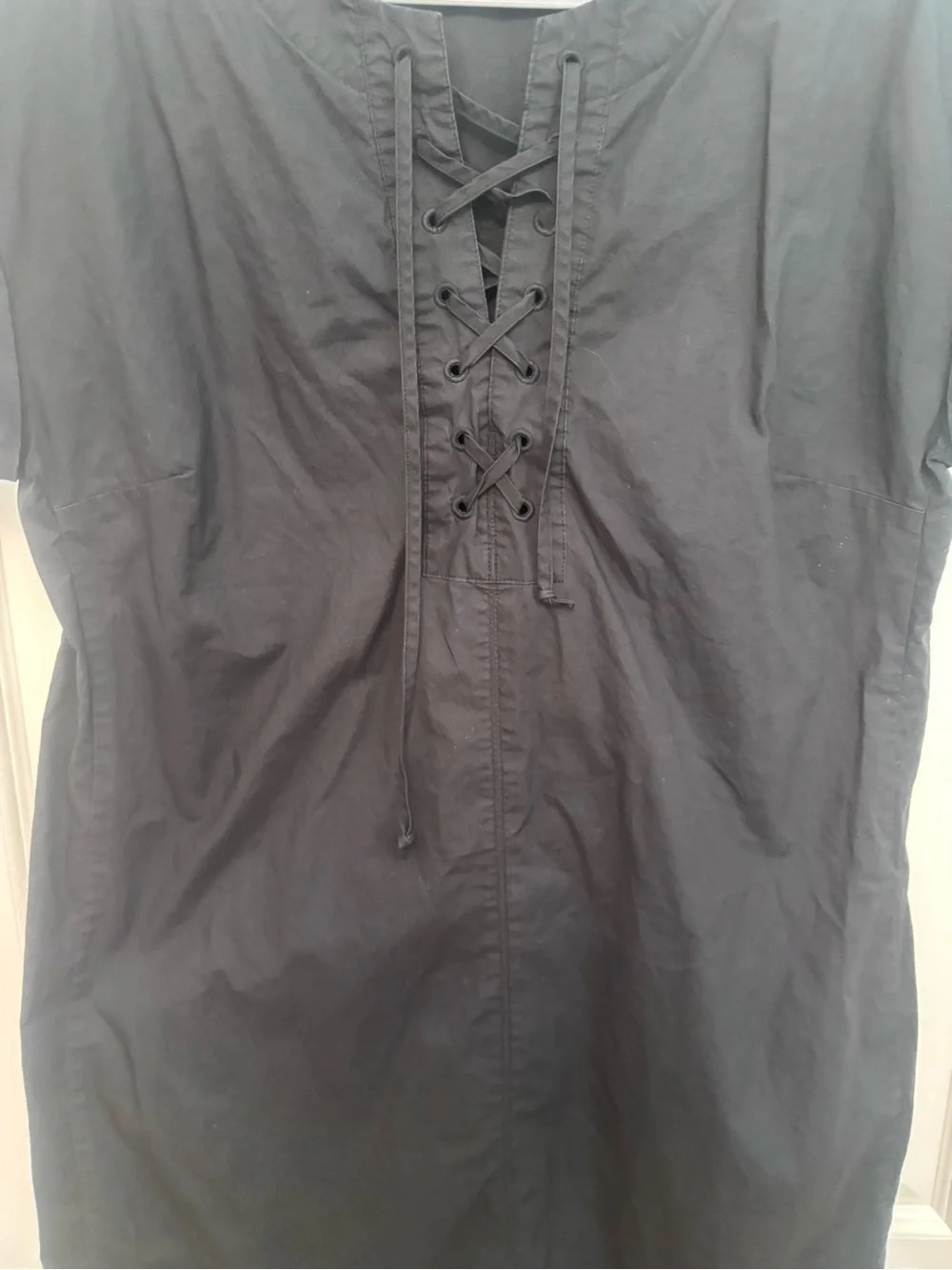 J Crew black short sleeved lace up dress.